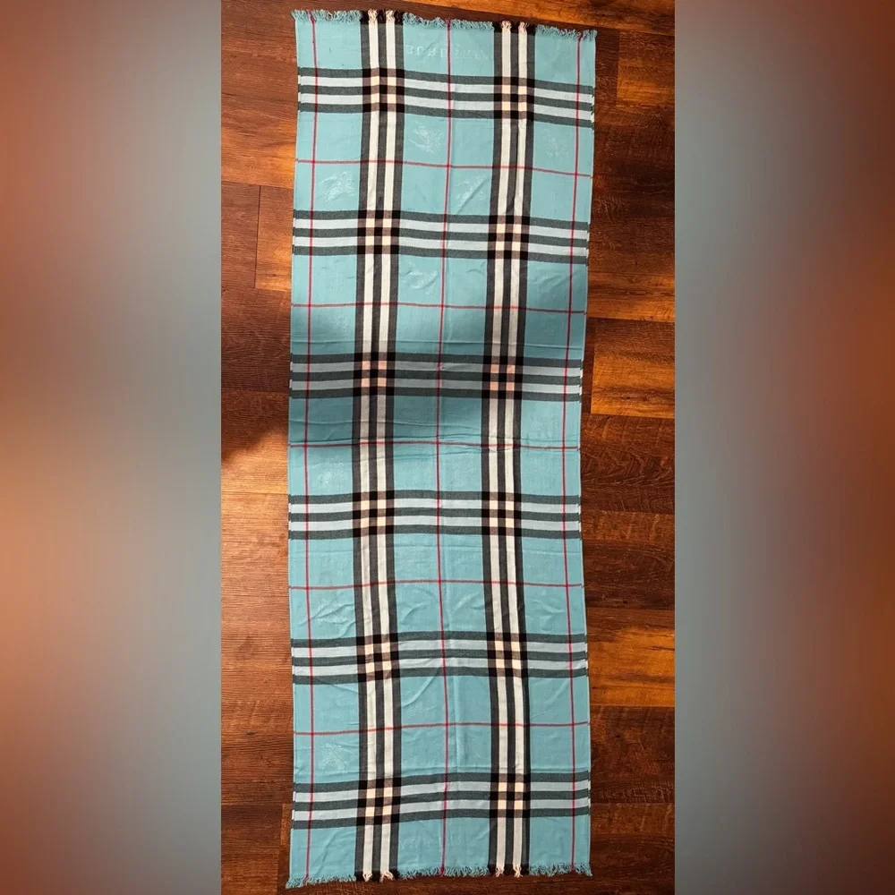 Burberry London Large Blue Plaid Cashmere Shawl/Scarf - Picture 2 of 7